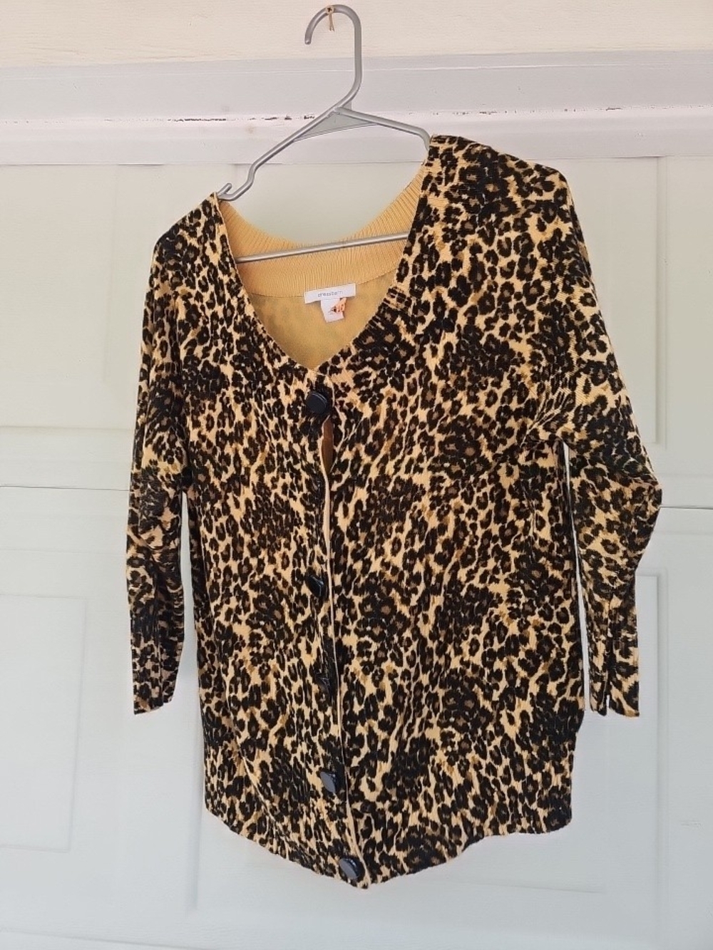 Dressbarn Womens Top Leopard Print Button Front Cardigan - Black & Mustard
